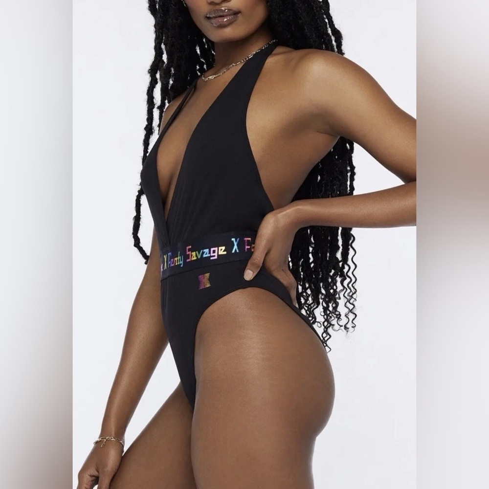 Savage X Fenty Black Bodysuit Colorful Rainbow Logo Halter Sexy Size XL